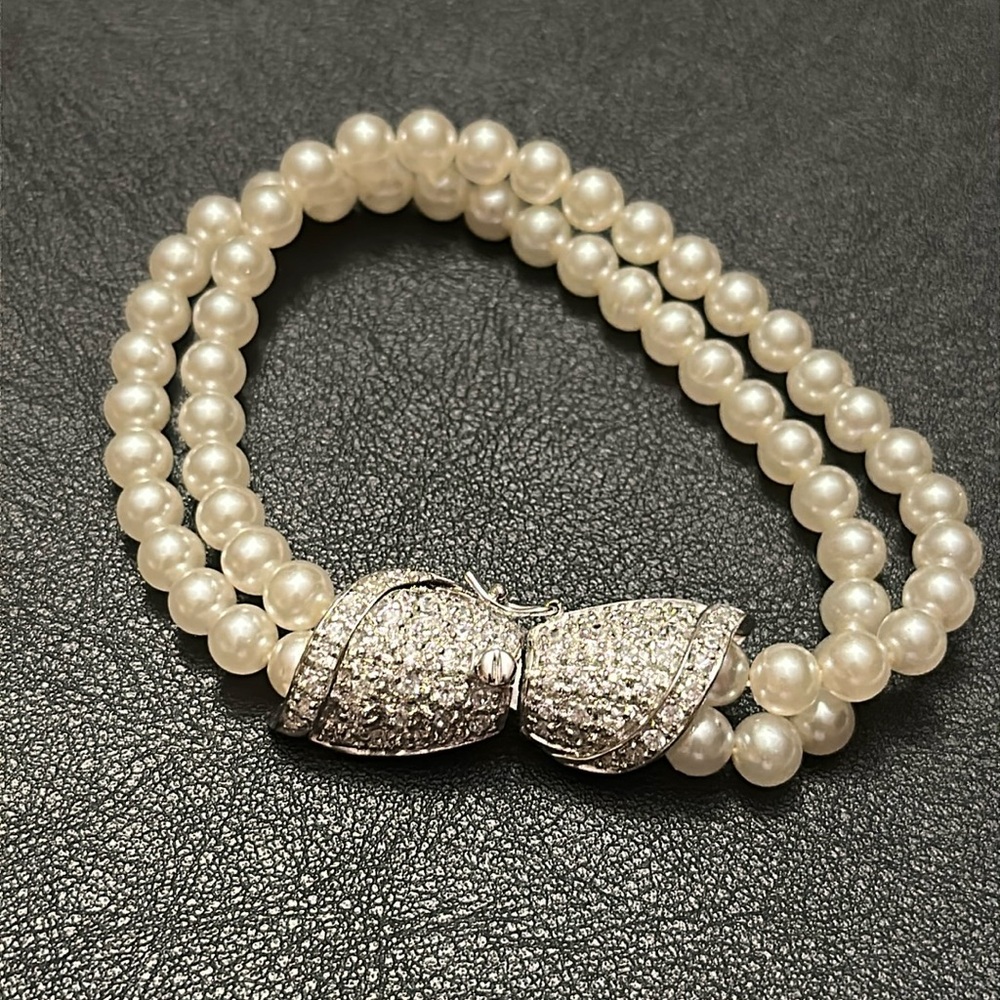 HC Double Strand Pearl Sterling Silver Box Clasp With Rhinestones VTG Bracelet